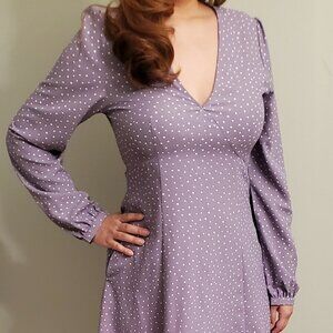 Uniqlo Lavender Polka Dot V-Neck Long Sleeve Dress
